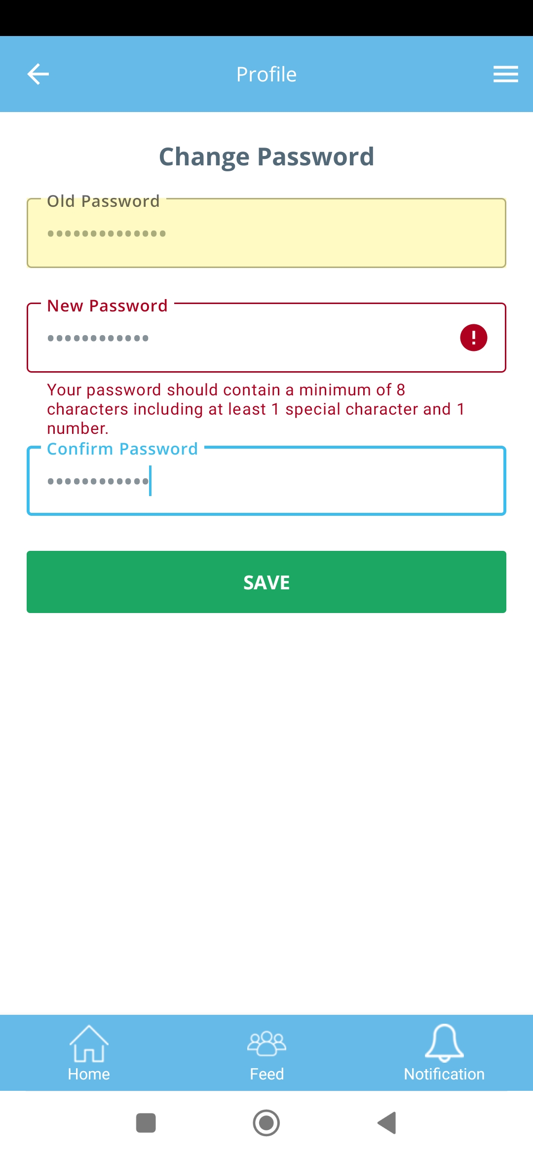 Warnmeldung wird angezeigt, wenn der Benutzer ein neues Passwort gemäß den Anforderungen angibt