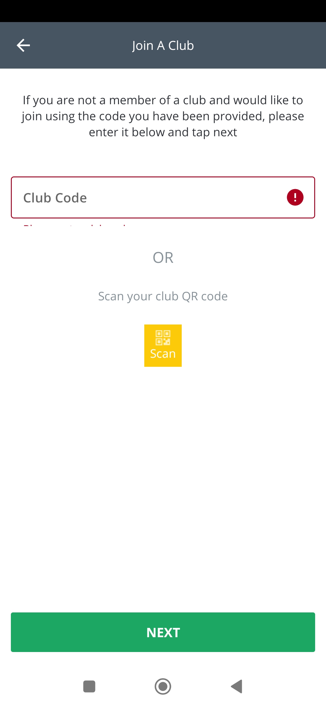 Warnung für leeres 'Club Code' Feld ist nicht sichtbar auf 'Join a Club' Seite