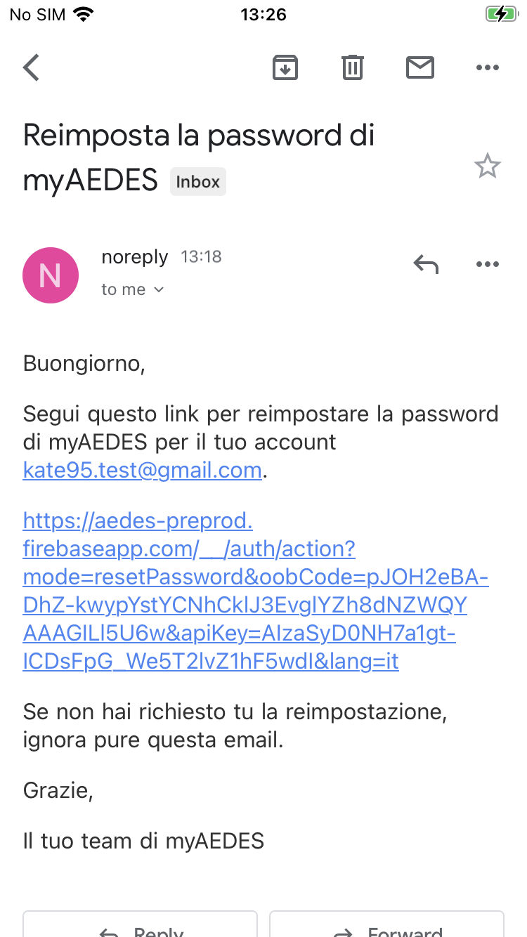 Die E-Mail zum Zurücksetzen des Passworts ist auf Italienisch, nicht auf Englisch.