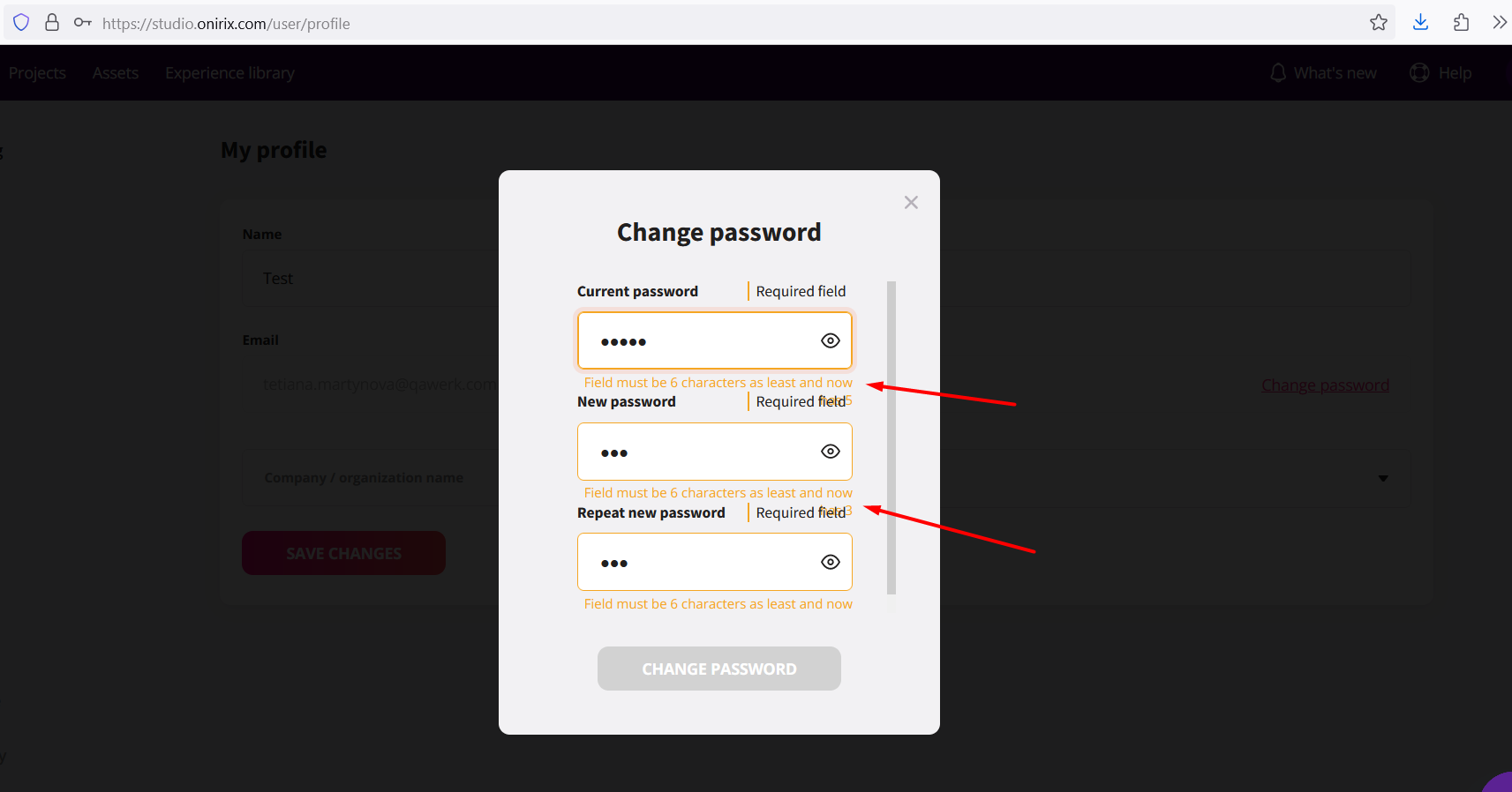 Überprüfungsmeldungen überschneiden sich mit Beschriftungen im Popup-Fenster “Passwort ändern”