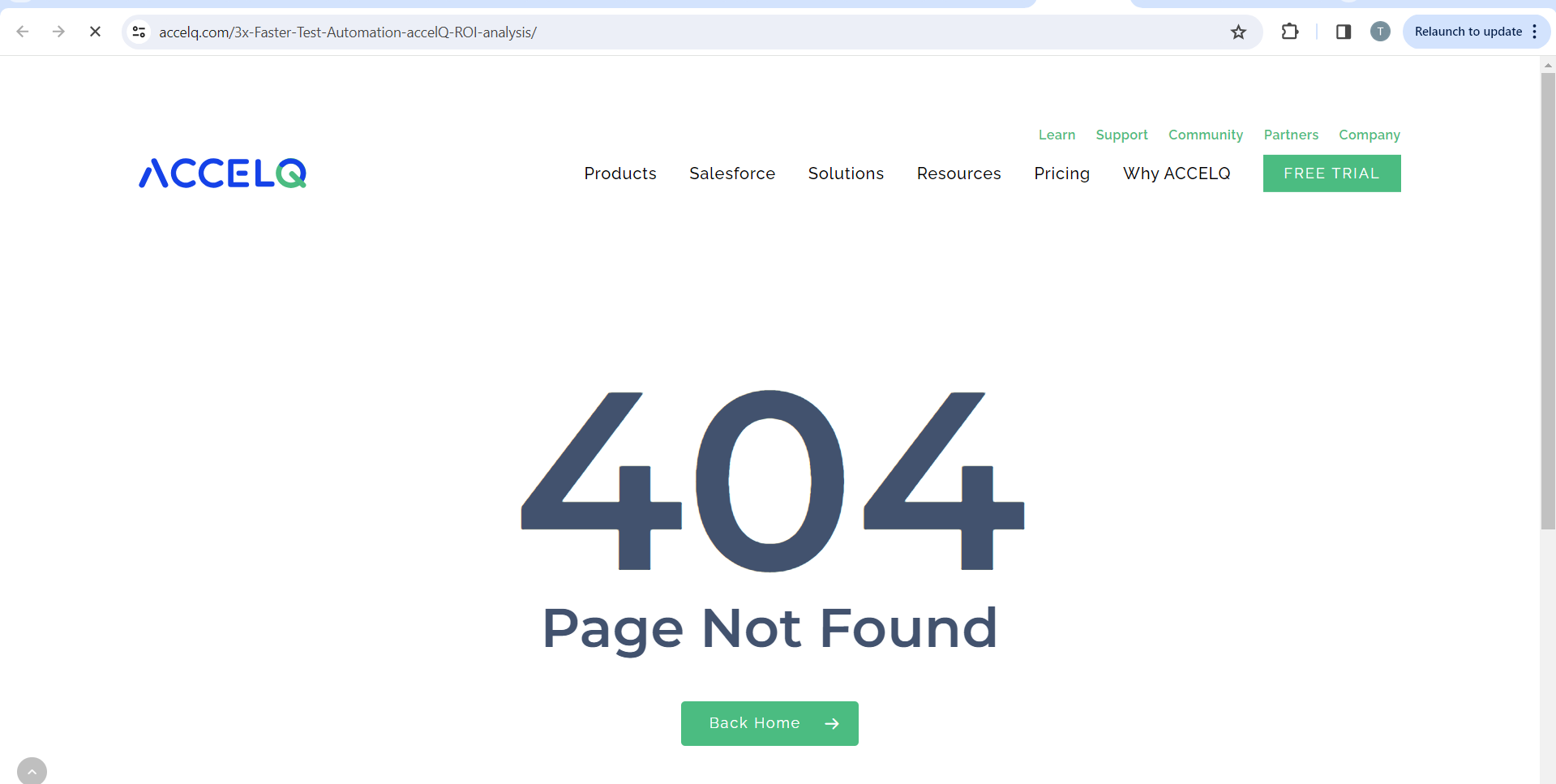 Nach dem Klicken auf den Link ACCELQ im Artikel Was ist Testautomatisierung wird ein 404-Fehler angezeigt