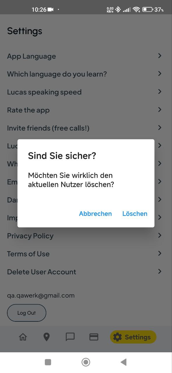 Pop-up-Fenster zur Kontolöschung in der englischen Version der App erscheint in deutscher Sprache