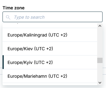 Doppelte Zeitzoneneinträge für Kyiv im Dropdown-Menü