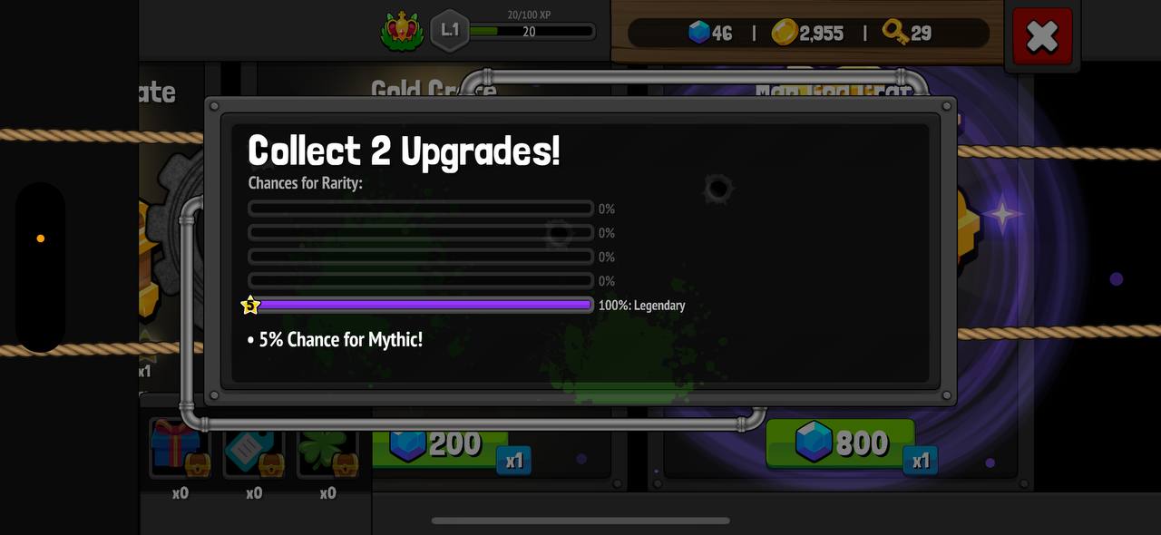 Man God Crate informiert den Benutzer über 100% legendäre Irreführungen mit einer Beschreibung von 5% Mythos-Chance