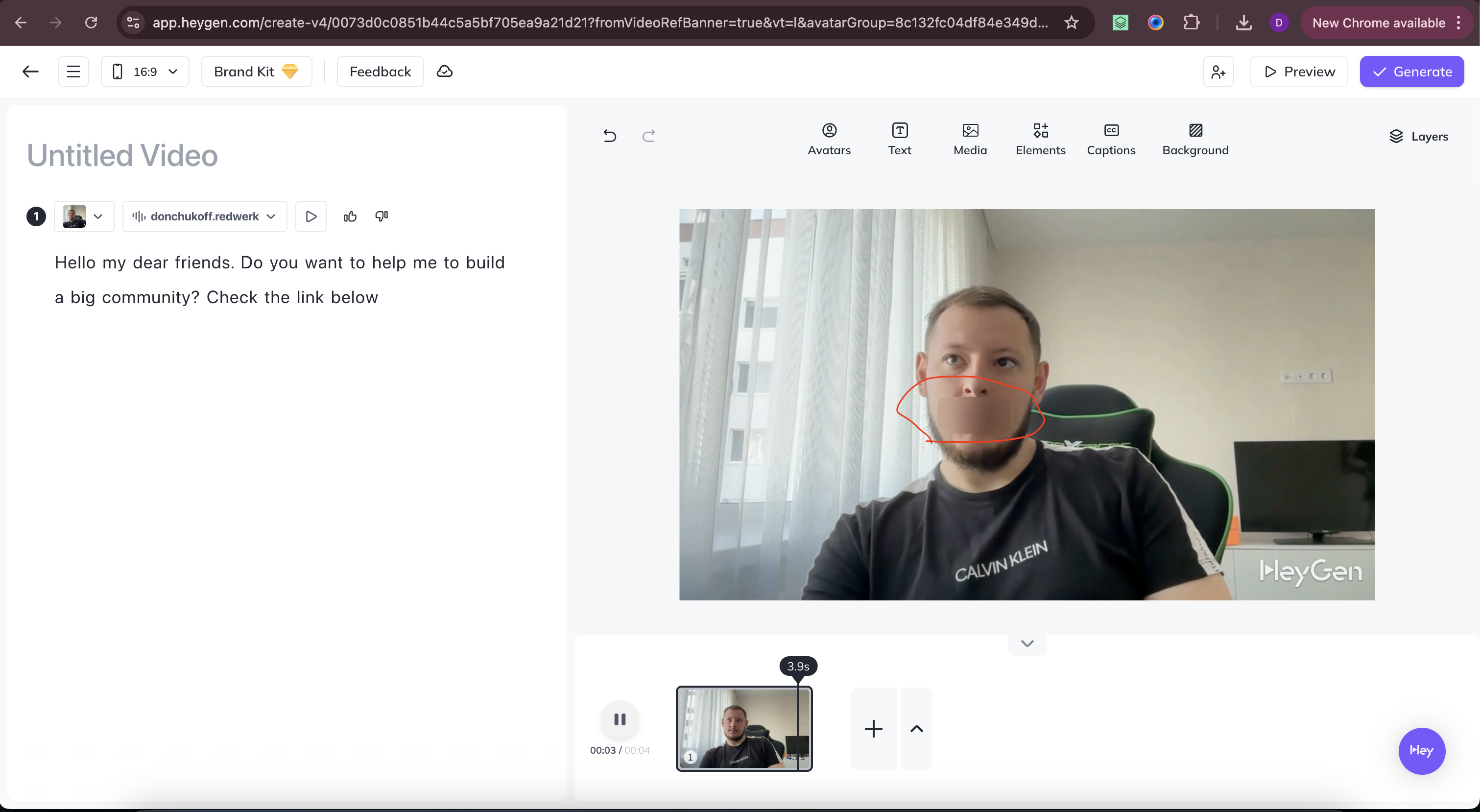 Ein Teil des erstellten Avatars wird beim Erstellen des Videos von einem unscharfen Rechteck verdeckt