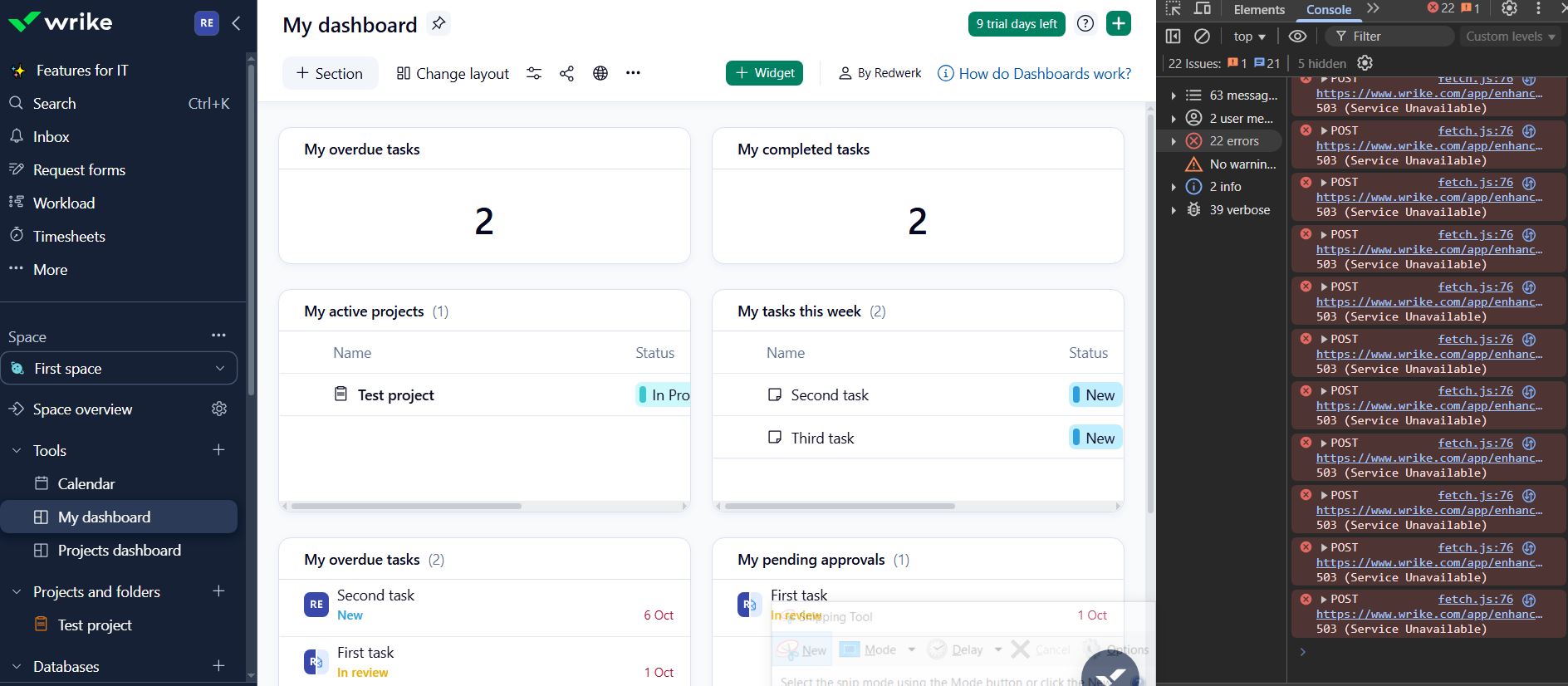 Das Dashboard zeigt beim Laden der Daten 503 Fehler an