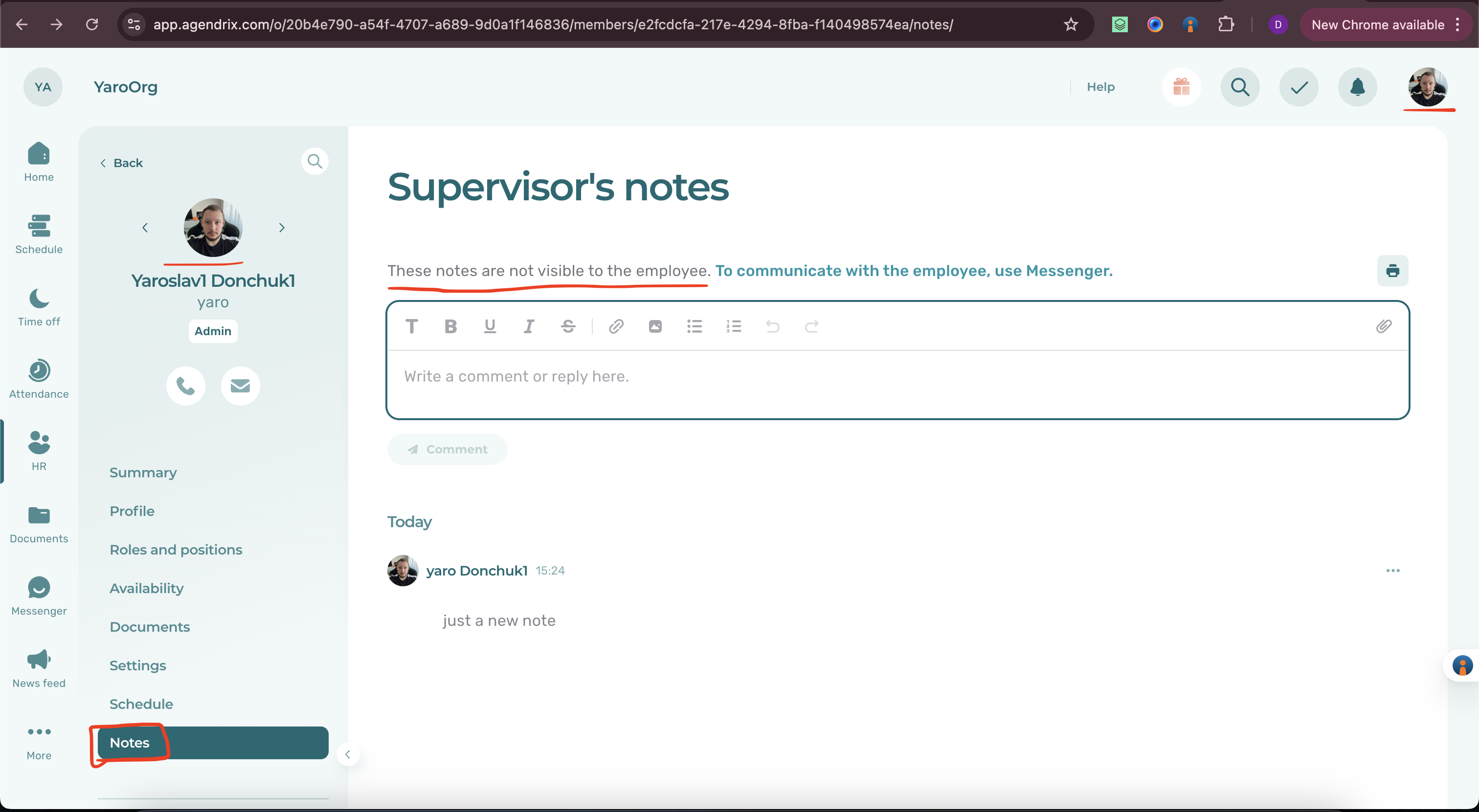 Mitarbeiter-Notizen sind für Mitarbeiter mit Admin-Status sichtbar