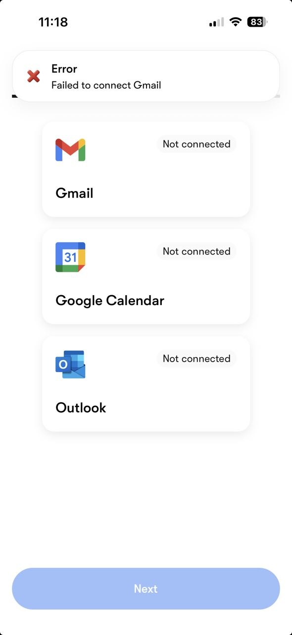 Nach dem ersten Versuch, die App mit Gmail zu verbinden, wird der Fehler „Verbindung zu Gmail fehlgeschlagen“ angezeigt