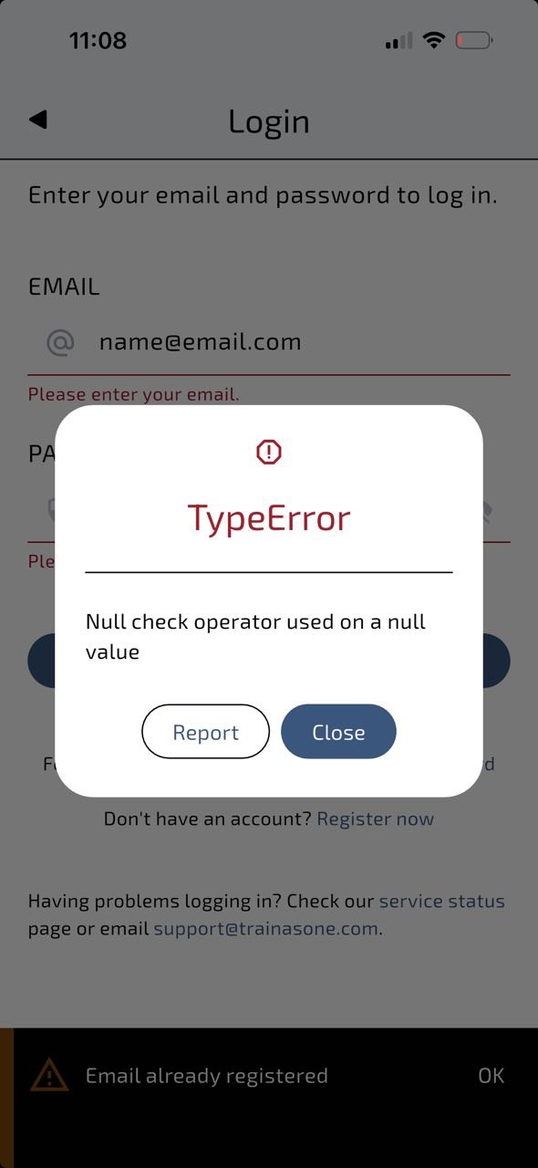 Das Popup-Fenster „TypeError“ erscheint, nachdem auf die Schaltfläche „OK“ im Banner „E-Mail bereits registriert“ getippt wurde