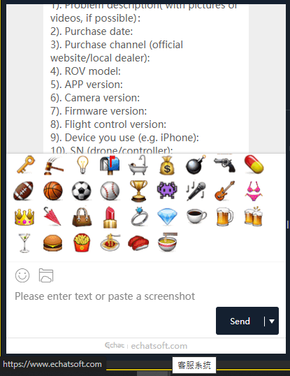 Im Support-Chat wird beim Link zu echatsoft.com ein Tooltip mit Hieroglyphen angezeigt