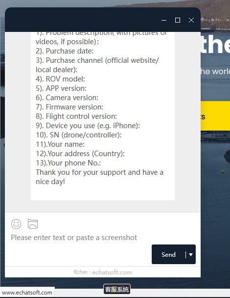 Im Support-Chat wird beim Link zu echatsoft.com ein Tooltip mit Hieroglyphen angezeigt