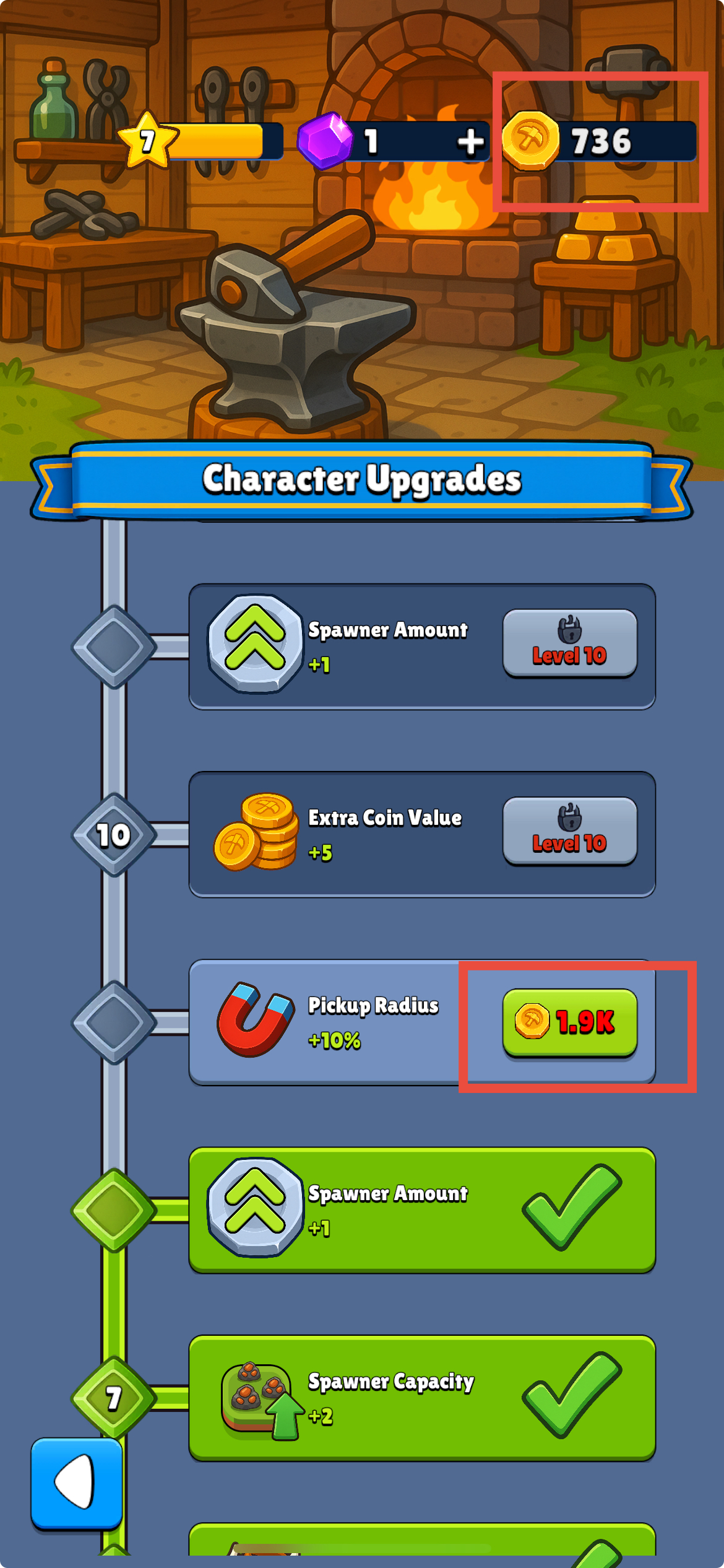 Der Kauf eines Upgrades schlägt ohne Rückmeldung fehl, wenn das Münzguthaben des Nutzers nicht ausreicht