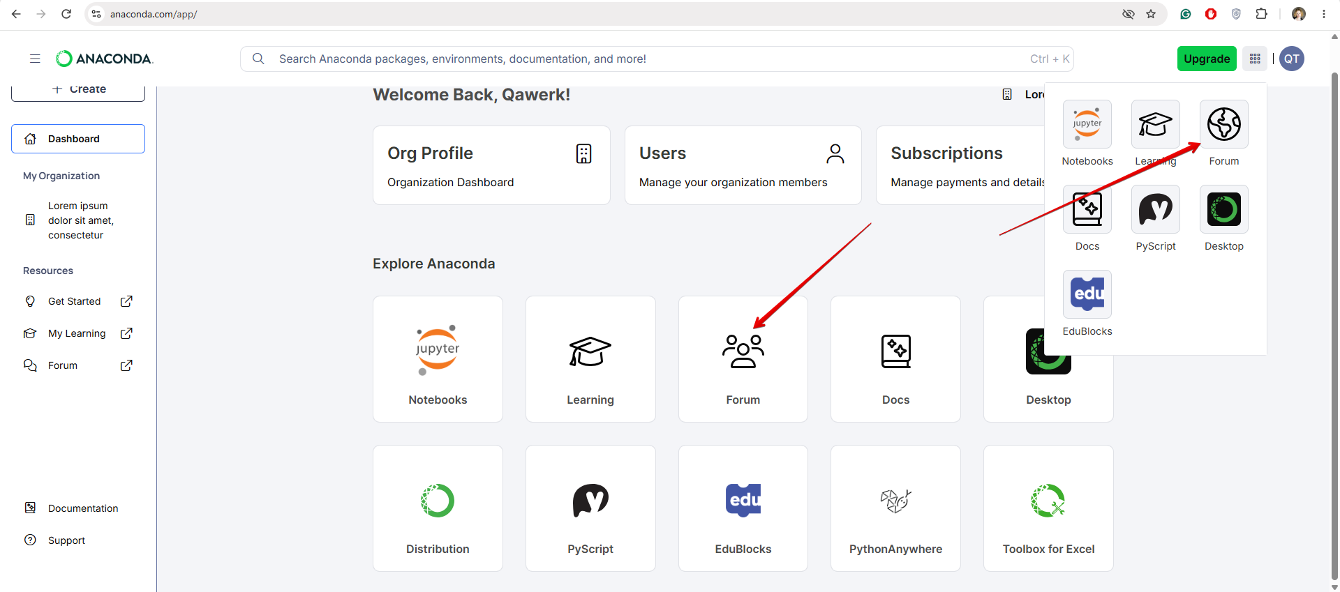 Die Karte „Forum“ zeigt nach dem Klicken auf das „Punkte“-Symbol im Bereich „Explore Anaconda“ und in der Listenansicht ein inkonsistentes Symbol an